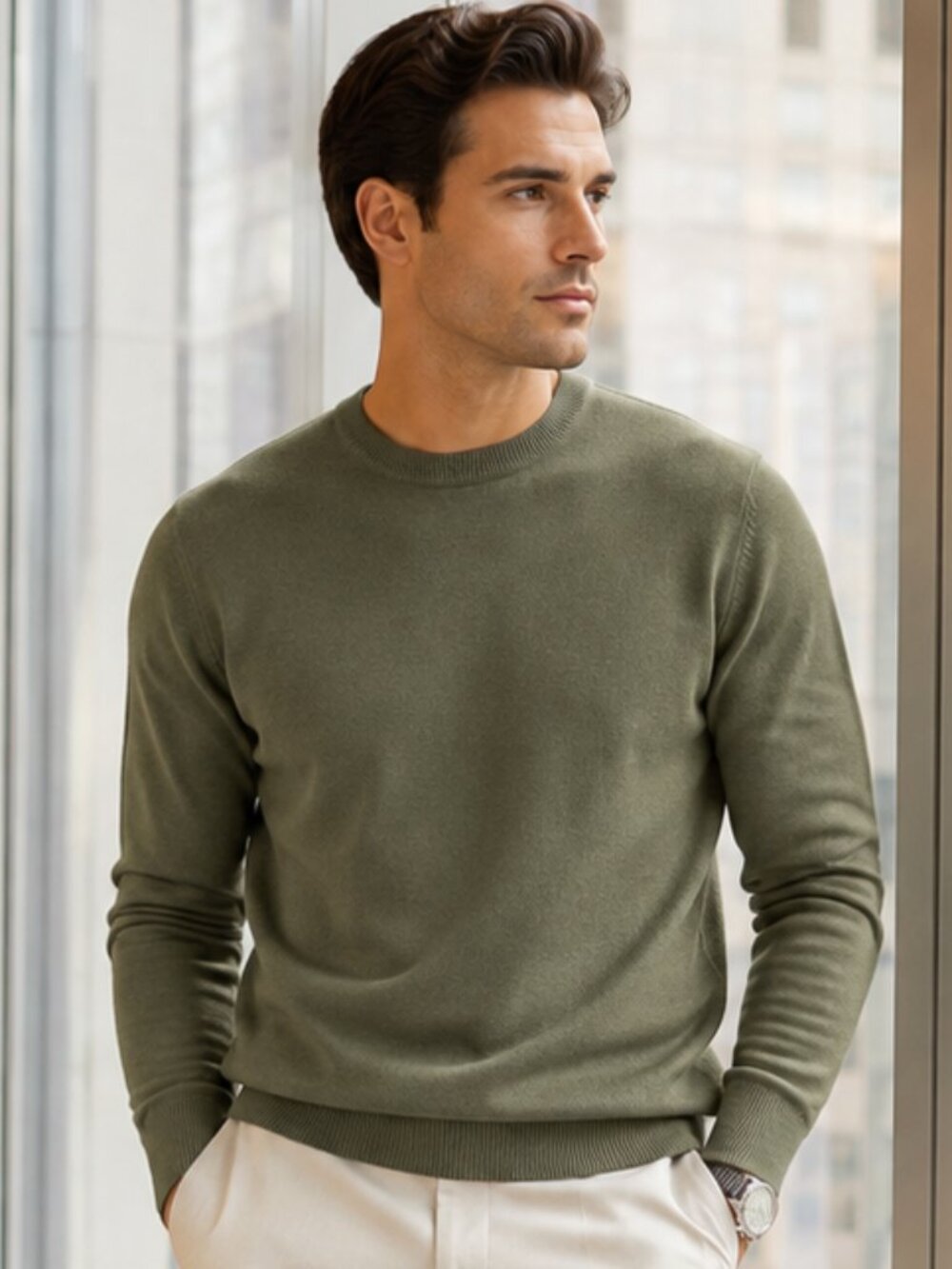 John W. Nordstrom Men’s 100% Cashmere Crewneck Sweater Olive Green Size M
